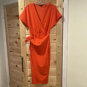 FORE Orange Wrap Midi Dress with Short Sleeves